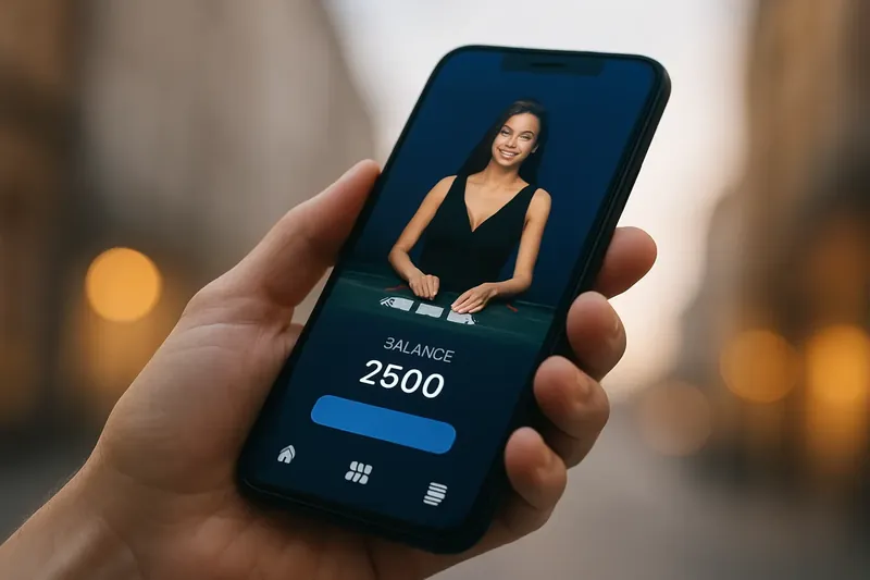 Casino App Preview Hand holding smartphone showing dark casino app with live dealer preview