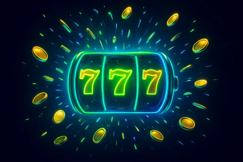 Jackpot Win Explosion Glowing slot reels with massive win, coins and confetti bursting outward