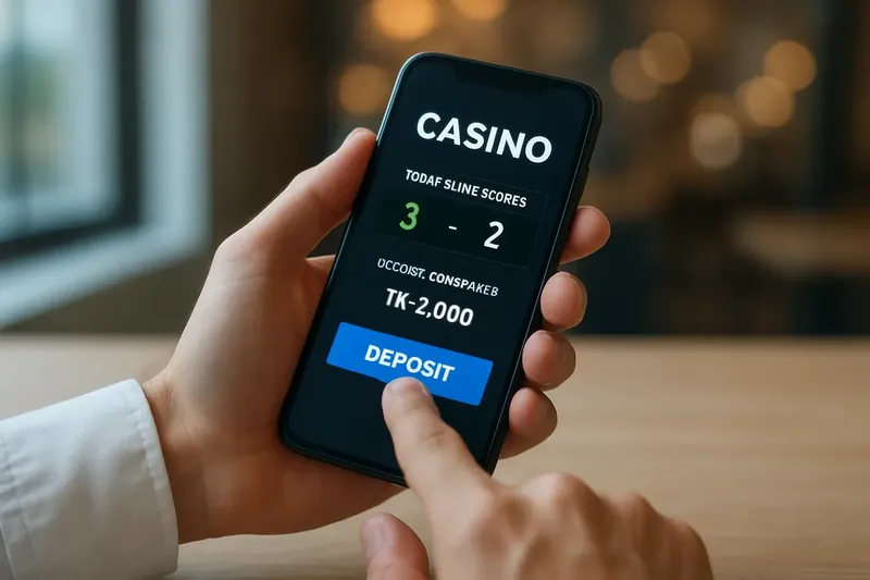 Man typing on smartphone with casino app in evening cafe