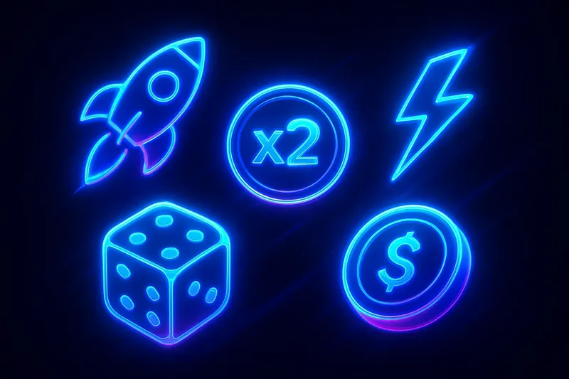 Neon Game Icons Glowing instant game icons with rocket, dice, coin, and lightning