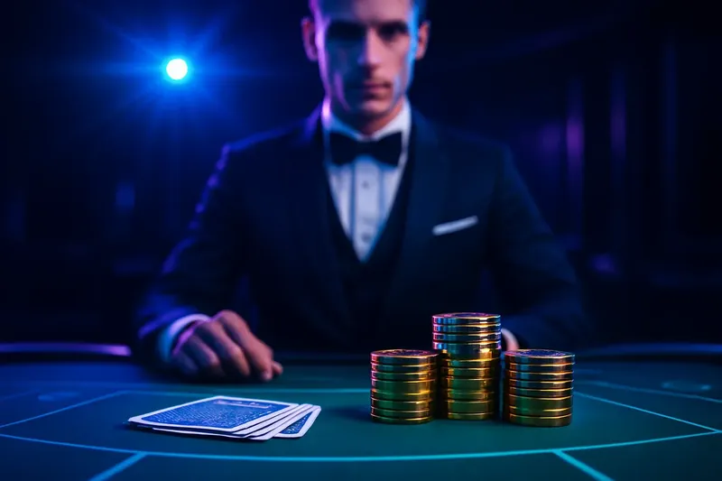 Elegant Live Casino Table Professional dealer at green felt live casino table with golden chips
