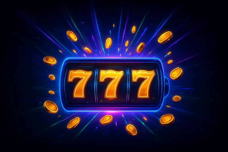 Golden 777 Jackpot Slot machine jackpot with golden 777 symbols, coins, and neon light beams